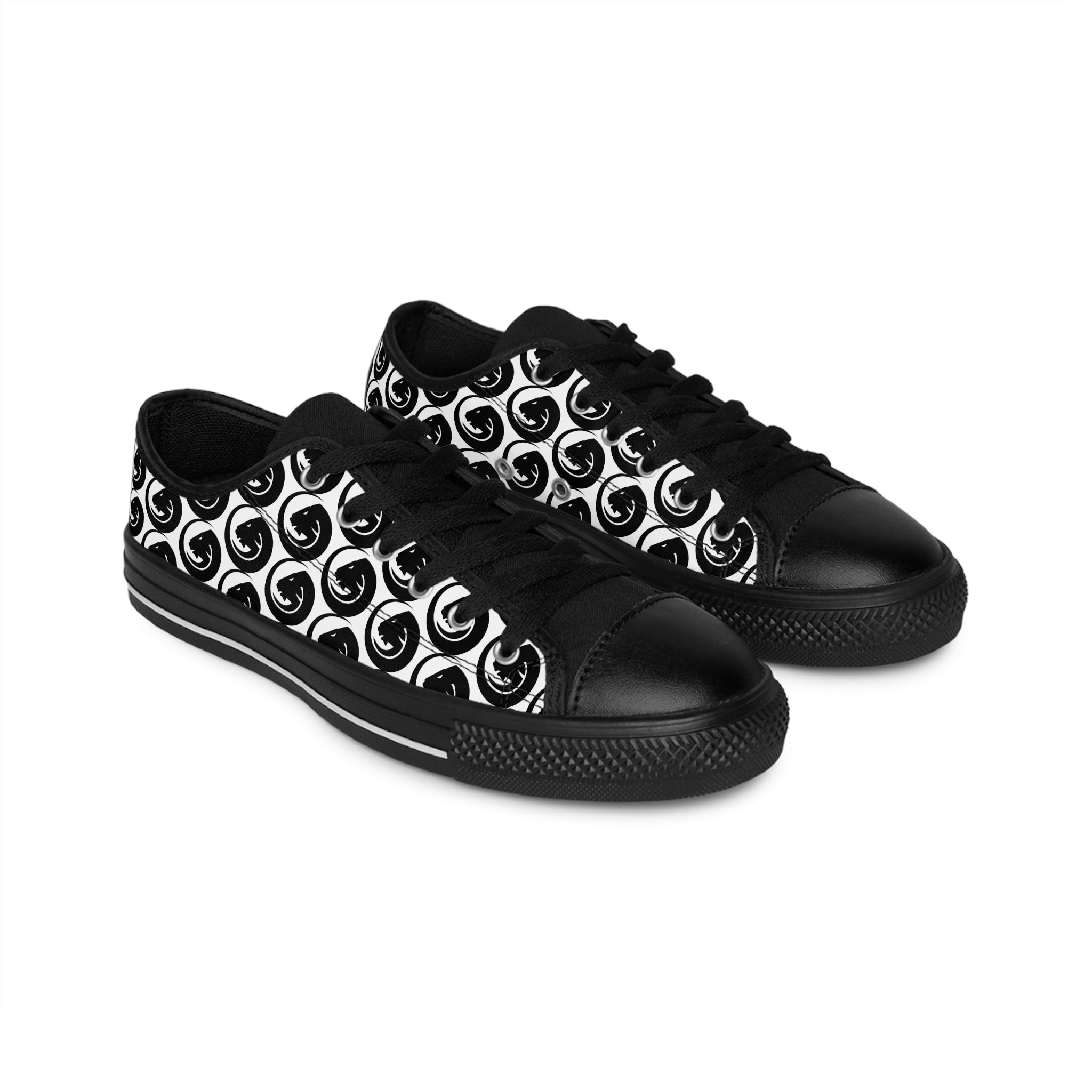 Men's Sneakers — Black & White Brushstroke Spiral Pattern Low-Top Canvas Shoes