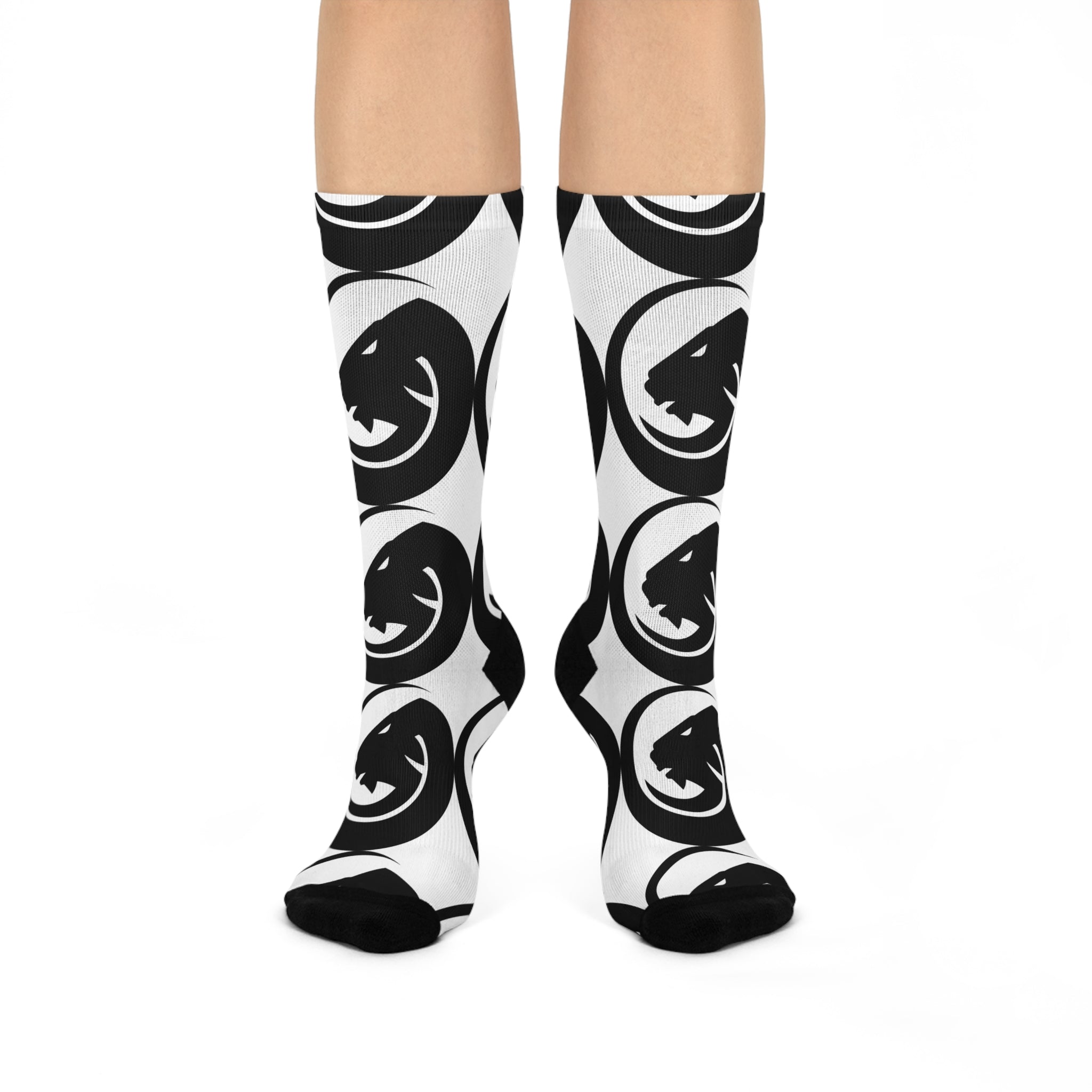 Black Wolf Emblem Cushioned Crew Socks — Monochrome Animal Logo Athletic Socks