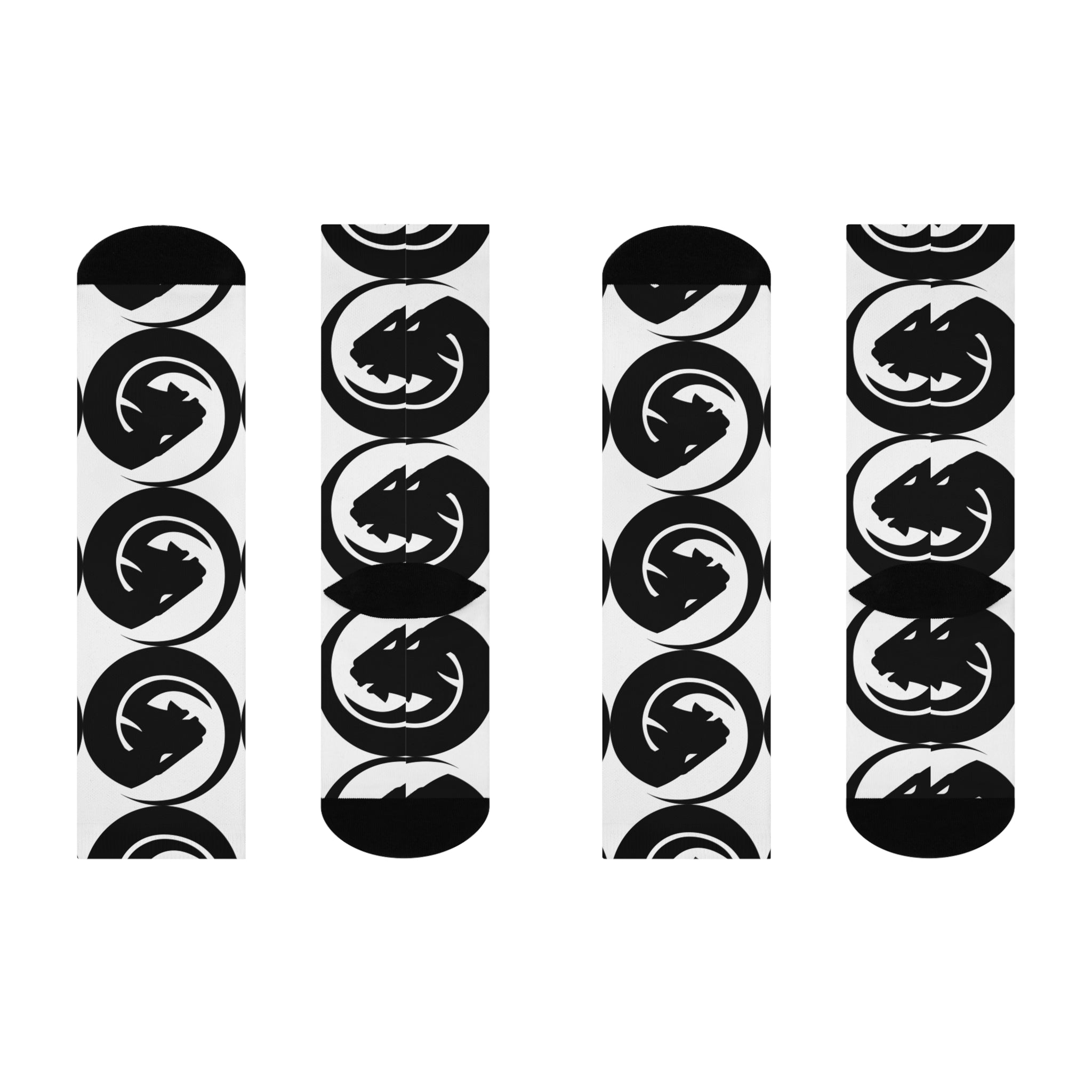 Black Wolf Emblem Cushioned Crew Socks — Monochrome Animal Logo Athletic Socks