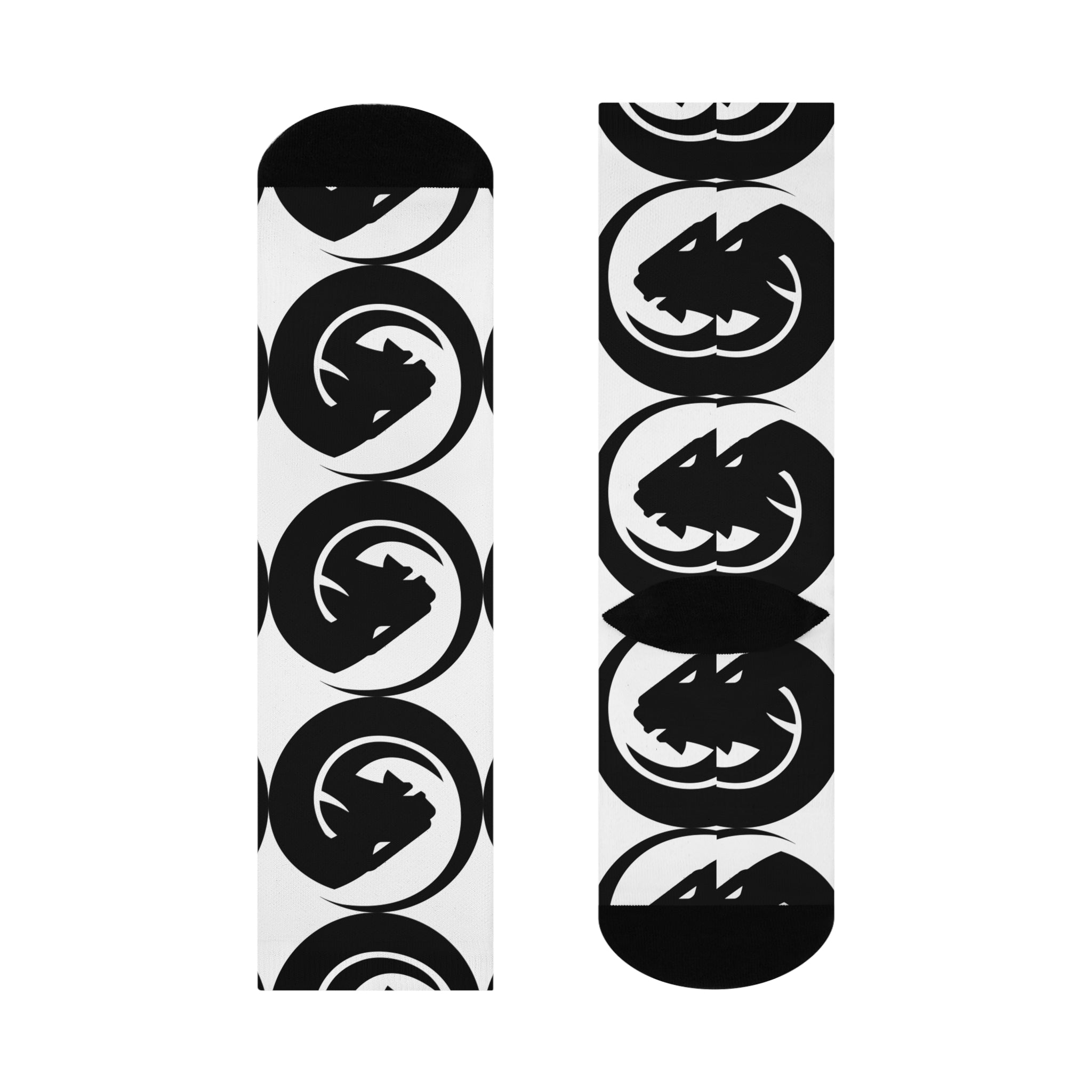 Black Wolf Emblem Cushioned Crew Socks — Monochrome Animal Logo Athletic Socks