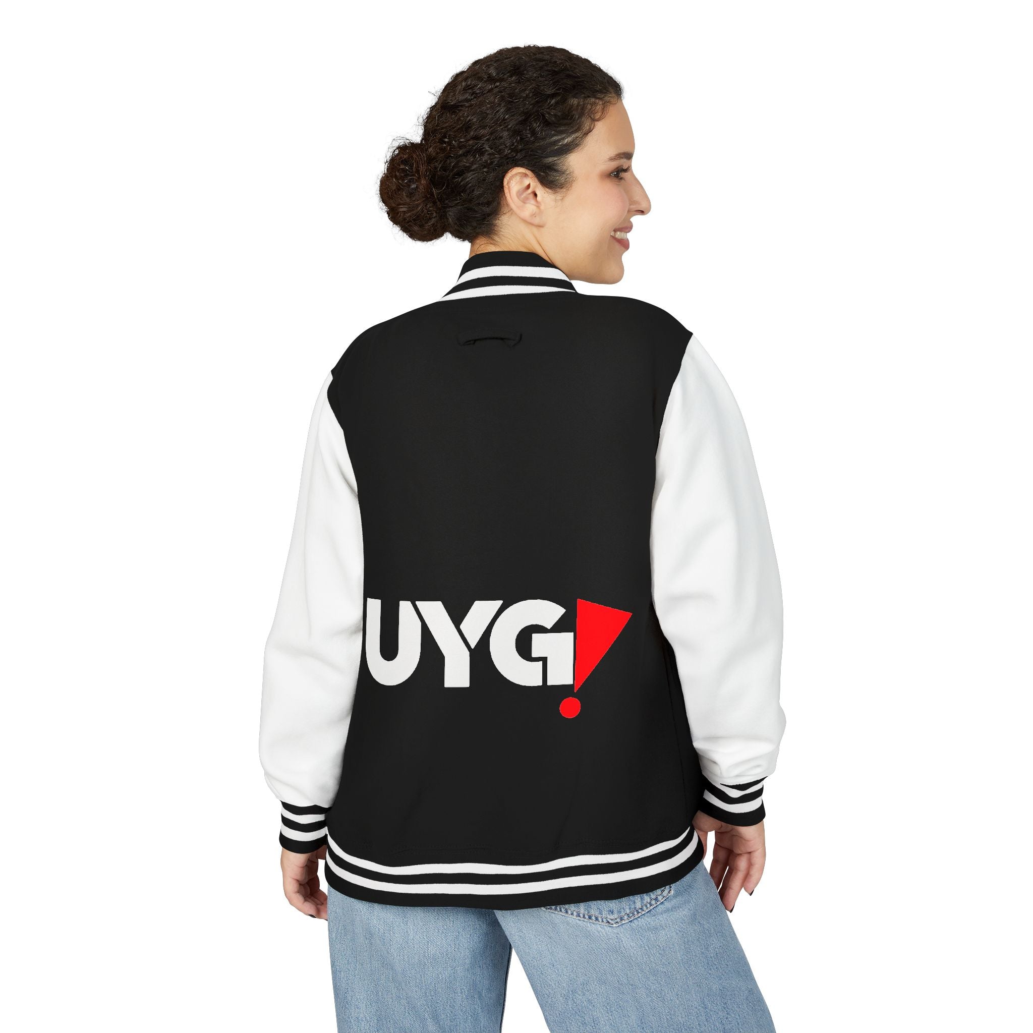 Letterman Jacket — Black & White Varsity Jacket with UYG! Back Logo