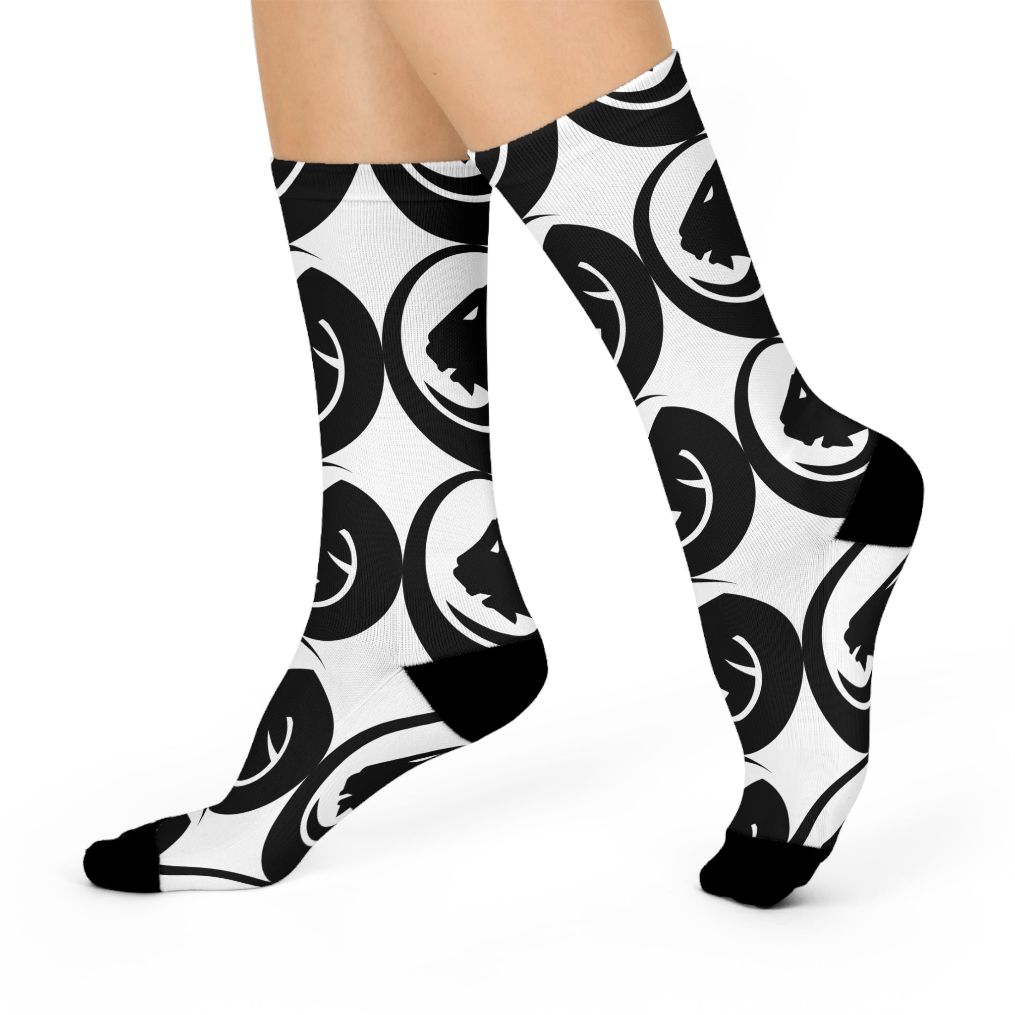 Black Wolf Emblem Cushioned Crew Socks — Monochrome Animal Logo Athletic Socks