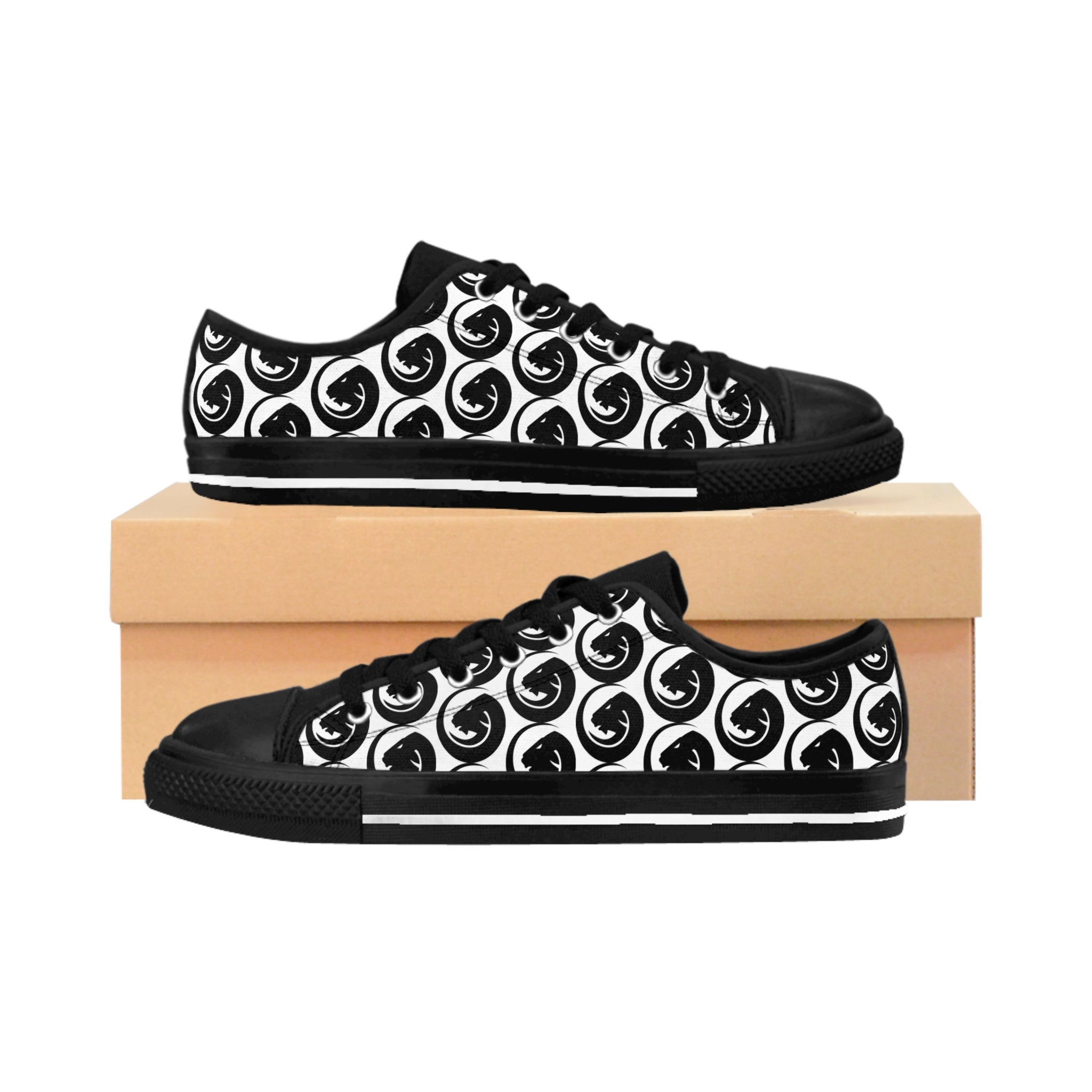 Men's Sneakers — Black & White Brushstroke Spiral Pattern Low-Top Canvas Shoes