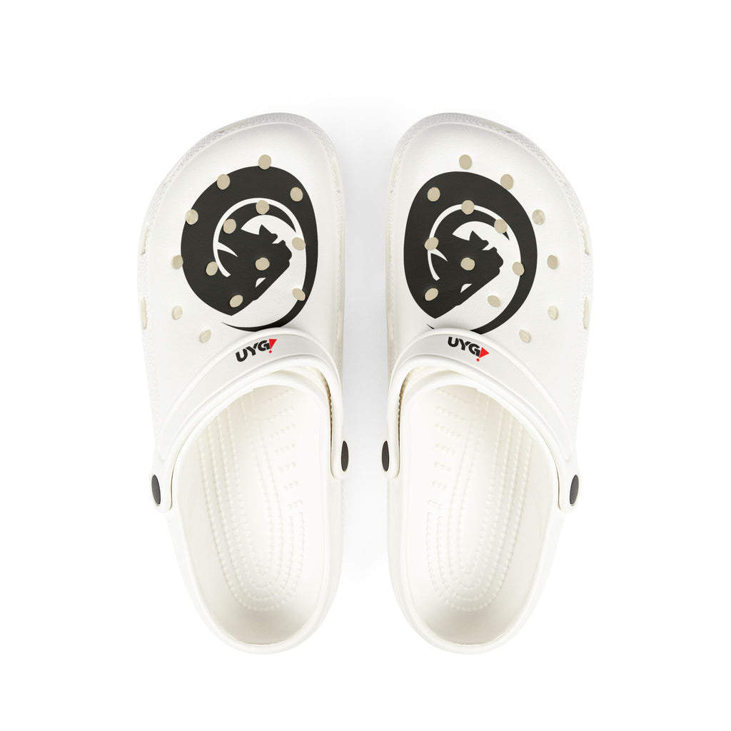 White EVA Foam Clogs with Black Yin-Yang Cat Design