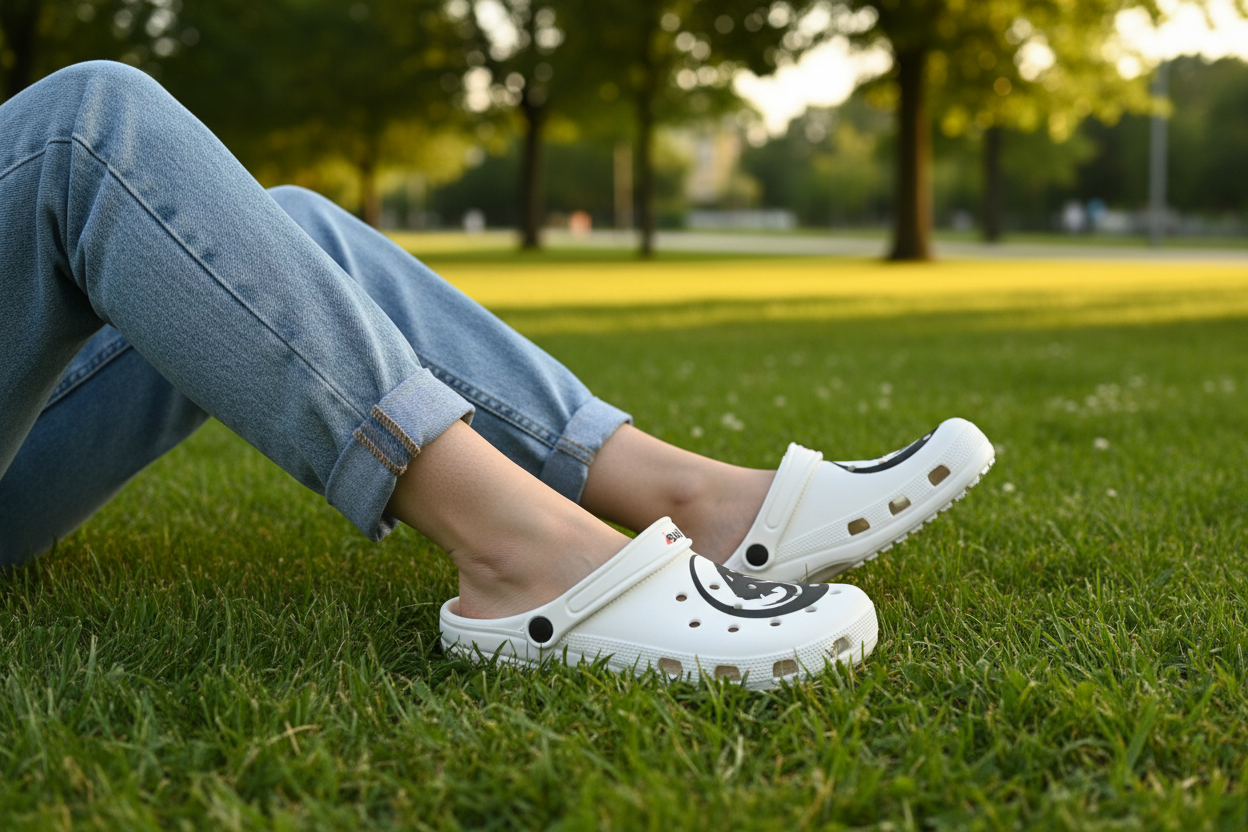 White EVA Foam Clogs with Black Yin-Yang Cat Design