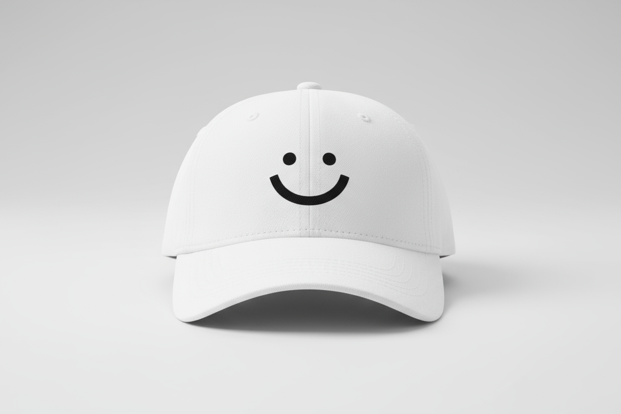whit baseball cap with a smile logo on front